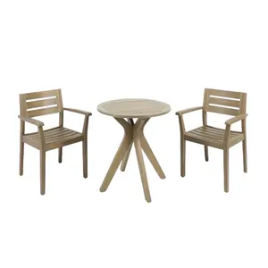 Schöne Terrasse Set Zwei Stühle und ein runder Tisch Massives Teakholz Material für Ihren Außenbereich