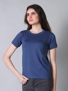 T-shirt élégant pour femmes, col extensible, manches courtes, tissu en toile bleu clair, 100% coton, tailles grandes, t-shirts pour femmes - Product Image 5