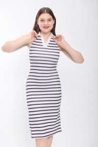 À la mode rayé col en V robe moulante pour les femmes multicolore Slim Fit genou longueur Spandex tenue de soirée décontractée - Product Image 2