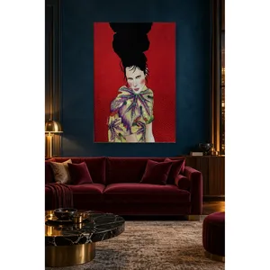 Impresión en lienzo de Fida, mujer con blusa de hojas de begonia sobre fondo rojo - Product Image 3