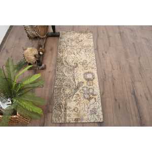 Vintage Rug, 1.6x4.4 ft Turkish Rug, <b>Brown</b> Beige Bordered <b>Wool</b> Rug - Product Image 1