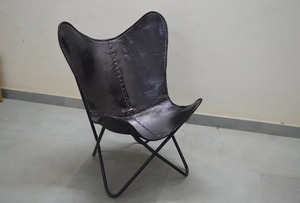 Black Cowhide Leather Butterfly Chair Foldable Antique-Style Leisure Chair for Indoor Outdoor for Bedroom Room Living Room - Product Image 4