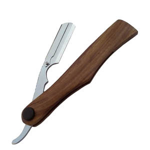 Maquinilla de afeitar de acero inoxidable para peluquero con mango de madera y hoja de borde recto - Product Image 1