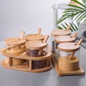 Bộ lọ gia vị bằng tre và thủy tinh gồm <span class=keywords><strong>3</strong></span> lọ với thìa gỗ để tổ chức gia vị, thảo mộc và gia vị - Product Image 2