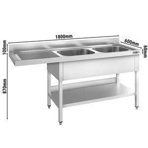 Évier de lave-vaisselle professionnel PREMIUM - 1800x600mm - Double évier - Égouttoir côté gauche - Product Image 2