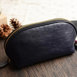 Leather Cosmetic <b>Bag</b> <b>Small</b> Zipper Closure Portable Makeup Case Black Simple Style Travel <b>Toiletry</b> Organizer - Product Image 2