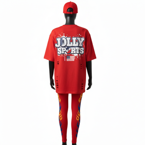 เสื้อยืดคอตตอนคุณภาพสูง 200 GSM และกางเกงเลกกิ้งโพลีเอสเตอร์ผสมสแปนเด็กซ์ ลายพิมพ์เปลวไฟสีแดง สกรีนโลโก้ตามสั่ง ชุดเซ็ตสำหรับผู้หญิง - Product Image 2