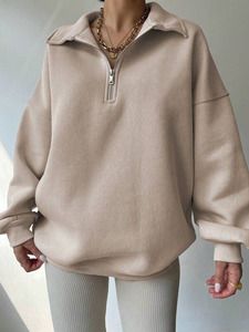 Beige unisexe surdimensionné demi fermeture éclair sweat col haut coton polaire pull goutte épaule personnalisé blanc en gros Streetwear - Product Image 3
