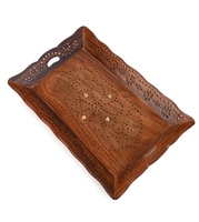 Plateau de sculpture jali en bois de Sesham avec incrustation de laiton Plateau de nourriture en bois rustique artisanat décoratif en bois pour la décoration de table