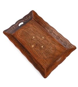 Plateau de sculpture jali en bois de Sesham avec incrustation de laiton Plateau de nourriture en bois rustique artisanat décoratif en bois pour la décoration de table - Product Image 4