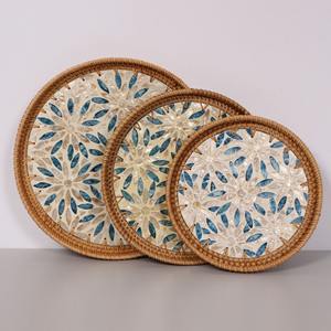 ชุดถาดเสิร์ฟไม้ถูพื้นหวายพร้อมดีไซน์ดอกไม้ชุดถาดสานธรรมชาติทำมือสำหรับชาและของตกแต่งบ้าน - Product Image 3