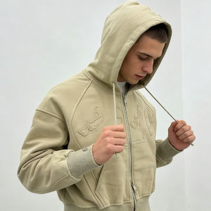 เสื้อฮู้ดดี้ผู้ชายสไตล์วินเทจสีเบจเขียวมะกอกทรงครอปโอเวอร์ไซส์ แต่งลายปักอักษรอาหรับ ซิปยาวเต็มตัว ลุคสตรีทแวร์ - Product Image 3