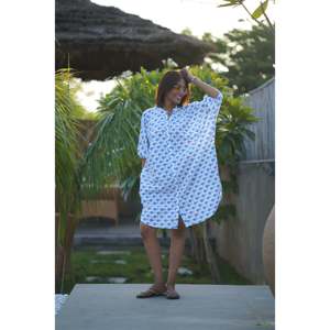 Robe longue élégante Fintastic en coton et lin brodée et imprimée au bloc, avec poches, bleu marine, taille unique, boutique - Product Image 1