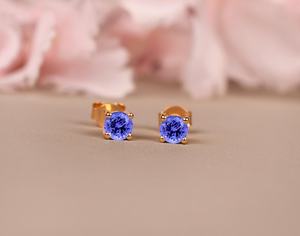 Pendientes de Tanzanita Natural de 4MM, Plata de Ley 925, Chapados en Oro de 14K, Joyería con Piedra de Nacimiento para Mujer, Aniversario - Product Image 4