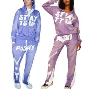 Ensemble de survêtement streetwear en molleton bouclette 100% coton, grammage lourd, avec sweat à capuche zippé et pantalon évasé, effet délavé soleil, teint en pièce, faible MOQ, pour l'hiver, en gros - Product Image 5