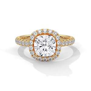 Bague de fiançailles halo en diamant de laboratoire taille coussin, 2 carats au centre, en or massif, avec pavé de diamants délicat, Or jaune, rose et blanc - Product Image 1