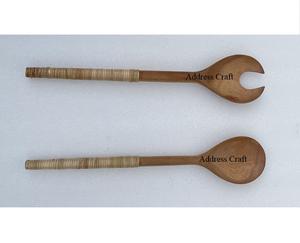 ชุดเครื่องใช้บนโต๊ะอาหารอินทรีย์,ชุดอุปกรณ์ทำสลัดด้วยมือวัสดุ Eco เซิร์ฟเวอร์สลัดไม้พร้อมด้ามหวายช้อนส้อมพร้อมด้ามหวาย - Product Image 2