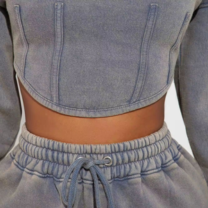 Parche bordado desgastado lavado ácido estampado de invierno 100% algodón pantalones de chándal acampanados y conjuntos de Sudadera con capucha recortada - Product Image 4