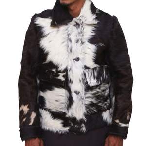 Chaqueta de Cuero Vacuno Genuino para Hombre, Estilo Motero, Estampado de Vaca Blanco y Negro, Chaqueta de Invierno - Product Image 3