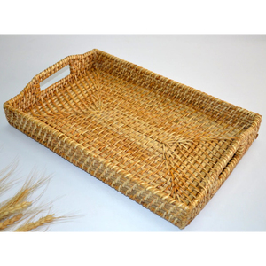 Plateau organisateur de rangement en canne tissée écologique Poignées de plateau de service rectangulaires florales élégantes pour la cuisine Décoration intérieure Restauration - Product Image 2