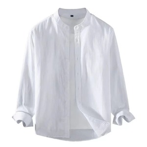 Chemise en lin et coton à manches longues chemises boutonnées de plage chemise boutonnée décontractée hauts d'été avec poche - Product Image 1