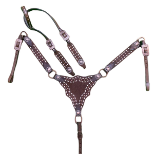 Headstall et cuirasse de cheval en cuir occidental de haute qualité avec coutures de couleur blanche et raccord en laiton - Product Image 1