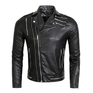 Nueva chaqueta suave PU hombres chaqueta de cuero Multi cremallera negro hombre motociclista abrigo prendas de vestir chaqueta - Product Image 5