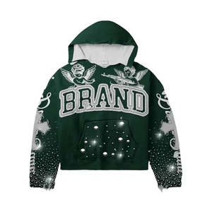 Sudadera con Capucha Corta Personalizada con Logotipo de Marca para Hombre 2025, Sudadera Informal con Pedrería, Efecto Desgastado y Decolorado por el Sol, Talla Grande Unisex - Product Image 1