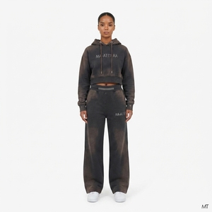 Custom <b>Women</b> Acid Wash Dark Brown Cropped Hoodie Wide Leg <b>Jogger</b> Set Cotton <b>Fleece</b> Streetwear Tracksuit OEM Wholesale - Product Image 1