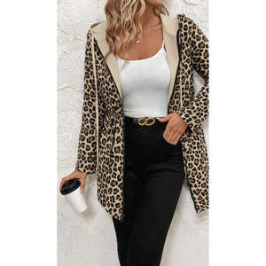 Chaqueta de viscosa de dos hilos con estampado de leopardo, manga larga, con capucha, bolsillos laterales, cordones y cremallera, 30208 - Beige - Product Image 1