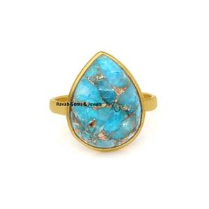 10x14mm Pear Smooth Blue Copper Turquoise Gemstone 18K Gold Plated Sterling Silver Wedding <b>Ring</b> <b>for</b> <b>Women</b> High Quality Fine - Product Image 3