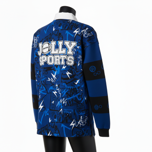 Maillot de rugby pour femme en coton et polyester, bleu royal avec rayures noires sur les manches, logo personnalisé par sublimation, maillot de rugby pour femme en coton - Product Image 5