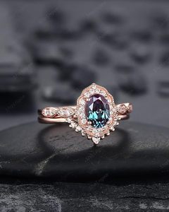Oval Alexandrite Luxury Certified <b>Ring</b> <b>Set</b> 925 Sterling Silver 14K Rose <b>Gold</b> Prong Setting Engagement Wedding <b>Ring</b> Color - Product Image 6