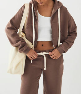 Sudadera con Capucha Blanca de Estilo Urbano al por Mayor, Sudadera Corta con Cierre y Lavado Ácido Marrón Sólido Personalizada para Mujer - Product Image 2