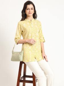 Women Office Lady Top Yellow regular shirt style top Floral Office Wear Rayon Ladies Shirt Button Front Open Mandarin <b>collar</b> - Product Image 3