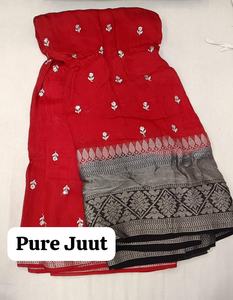 Pure Jute Fabric Premium Pure Jute <b>Silk</b> Saree inRed ContrastPurple Zari BorderAll-Over Floral Buttis Designer <b>Red</b> PureJute Saree - Product Image 5