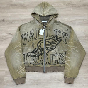 Wholesale Custom <b>Men</b> Acid Wash Zip Up <b>Hoodie</b> Distressed Ripped Streetwear Embroidery Heavyweight OEM ODM - Product Image 1