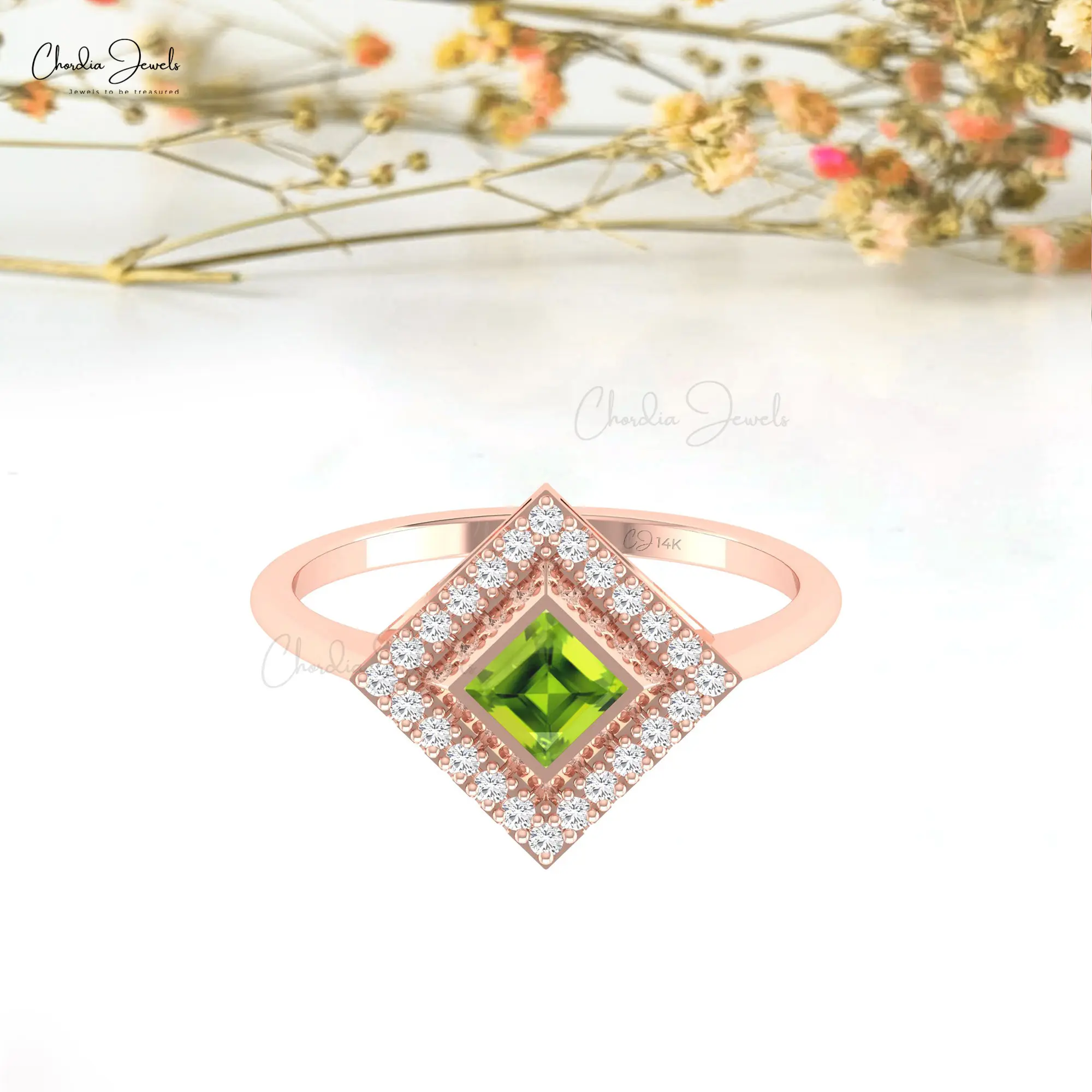 Juego de bisel de piedras preciosas de peridoto de 4mm más vendido, anillo de Halo en oro macizo de 14K, anillo hecho a mano con diamantes, fabricante y proveedor de joyas