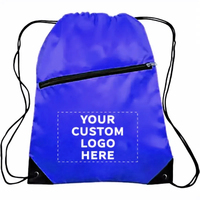 Sac à dos à cordon anti-vol avec logo personnalisé, bleu, en polyester, sac de sport, poche avant zippée, doublure en nylon, unisexe, décontracté, léger
