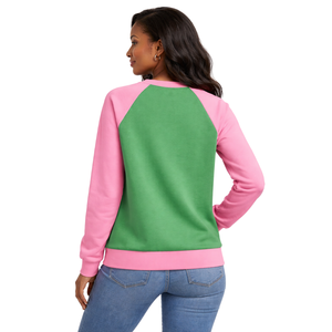 เสื้อสเวตเชิ้ตคอกลมแขนแร็กแลนสีเขียว สำหรับชมรมนักศึกษาหญิง สีชมพูและเขียว สไตล์ลำลองทันสมัย - Product Image 2