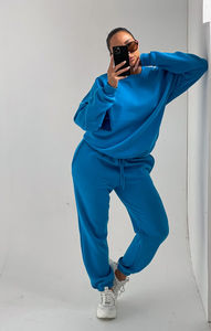 Surdimensionné personnalisé bleu 2 pièces femmes col rond sweat chemise à revers jogger ensemble respirant à capuche et pantalons de survêtement femmes survêtement ensemble - Product Image 2