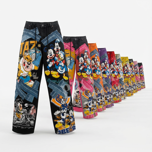 Pantalons en jean unisexe à imprimé graphique, coupe régulière, patchwork, jambe large, streetwear, style cartoon, décontracté, mode, pantalon en jean pour femmes - Product Image 1