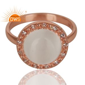 Handmade Sterling Silver Rose Gold Plated Natural White <b>Moonstone</b> And White Topaz Gemstone Stackable Ring Jewelry For Women - Product Image 2