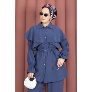 Ensemble Tunique et Pantalon en Crêpe Boutonné Style Cape Bleu Marine, Motif Uni Tricoté, Taille Unique (XS) pour Printemps/Été Automne - Product Image 2