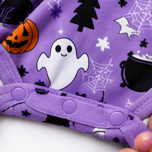 Vente en gros de combinaisons pour bébés unisexes imprimées pour Halloween, combinaison courte à manches courtes pour bébés avec imprimé fantôme, citrouille, chauve-souris, crâne, toile d'araignée - Product Image 5