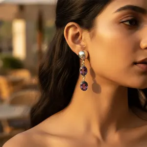 Boucles d'oreilles pendantes en argent 925 pour femmes avec améthyste, style pendantes tendance - Product Image 1
