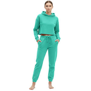Professional 2026 High Quality Winter Solid <b>Short</b> Crop Pullover Hoodie Sweatpants Custom Two Piece Tracksuit <b>Set</b> <b>Women</b> - Product Image 6
