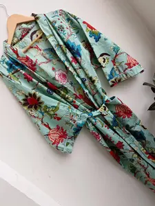 Export Quality 100% Cotton Green Kimono Robe Handmade Floor-Length <b>Night</b> Gown Ruffles Natural Sleepwear Best Bulk Casual <b>Dresses</b> - Product Image 4