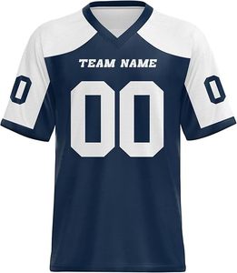 Maillot de football américain personnalisé pour homme, bleu marine, col en V, manches courtes, impression sublimée, nom et numéro de l'équipe, évacuation de l'humidité - Product Image 4
