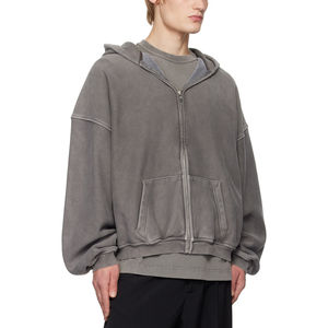 Sudadera con Capucha de Algodón 100% Estilo Urbano Personalizado, Lavado Ácido, Estilo Vintage, Hombros Caídos, Cierre de Cremallera - Product Image 3